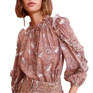 ULLA JOHNSON Manet Blouse | Ruffle, Floral |Sandalwood Print Romantic Boho XXS